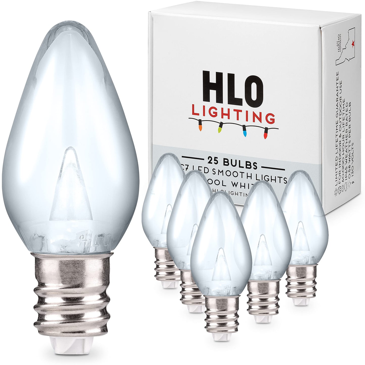 Holiday Lighting Outlet LED Smooth C7 Cool White Replacement Christmas Light Bulbs for E12 Sockets, Energy Efficient Commercial Grade, 2 Diode 0.58