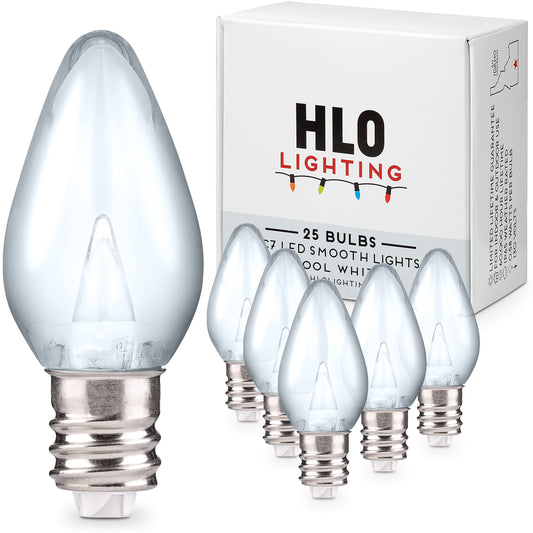 Holiday Lighting Outlet LED Smooth C7 Cool White Replacement Christmas Light Bulbs for E12 Sockets, Energy Efficient Commercial Grade, 2 Diode 0.58
