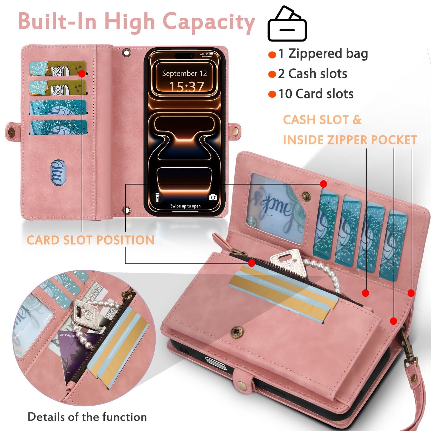 MEGSHI for Wallet Case Compatible with iPhone 17 Pro Max,Multi-Function Detachable 2 in 1 Magnetic iPhone 17 Pro Max Case Wallet,Flip Strap Zipper
