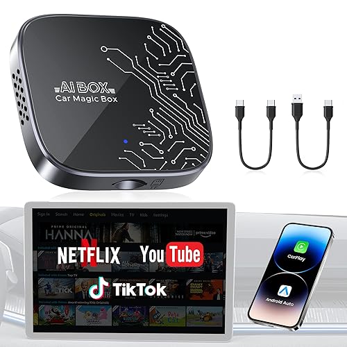 4-in-1 Wireless CarPlay Adapter for Streaming Netflix/YouTube/TikTok/TF Card, 2026 Magic Video AI Box & Android Auto Dongle [Dual Band WiFi, Autolink