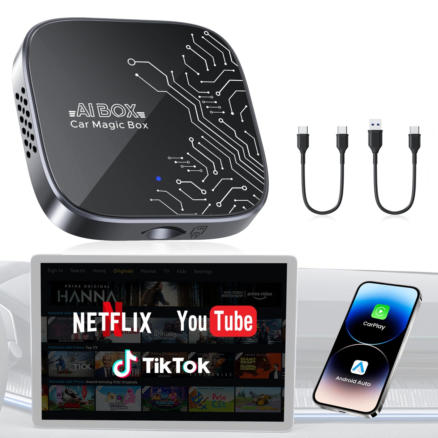 4-in-1 Wireless CarPlay Adapter for Streaming Netflix/YouTube/TikTok/TF Card, 2026 Magic Video AI Box & Android Auto Dongle [Dual Band WiFi, Autolink