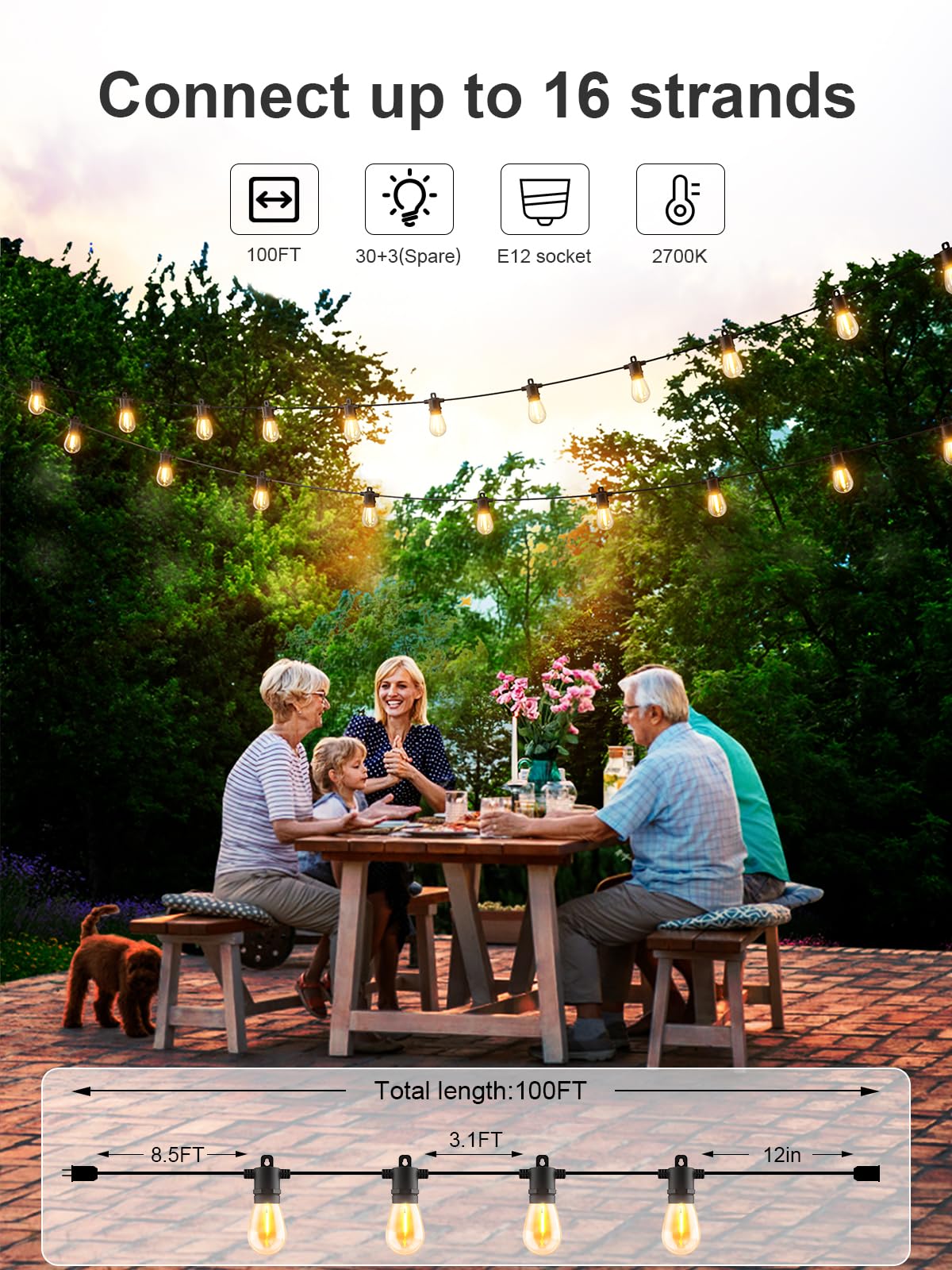 Svater Outdoor String Lights 100 FT, Patio for Outside with Shatterproof S14 Bulbs, Waterproof LED Hanging Light for Cafe Backyard Bistro Party, Warm