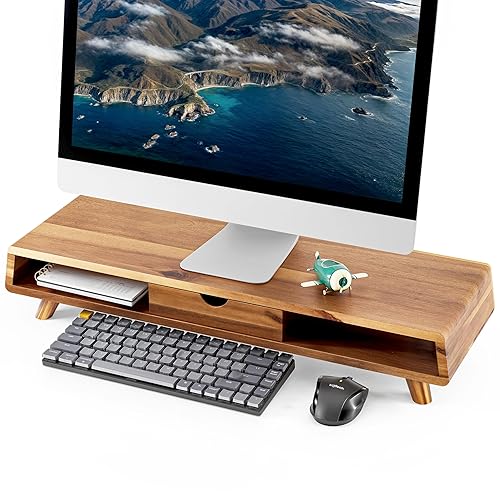 TINAMO Acacia Wood Monitor Stand with Drawer - Wooden Monitor Riser for Desk - Computer Monitor Stand for Desk - Multi-Purpose Desktop Storage Stand