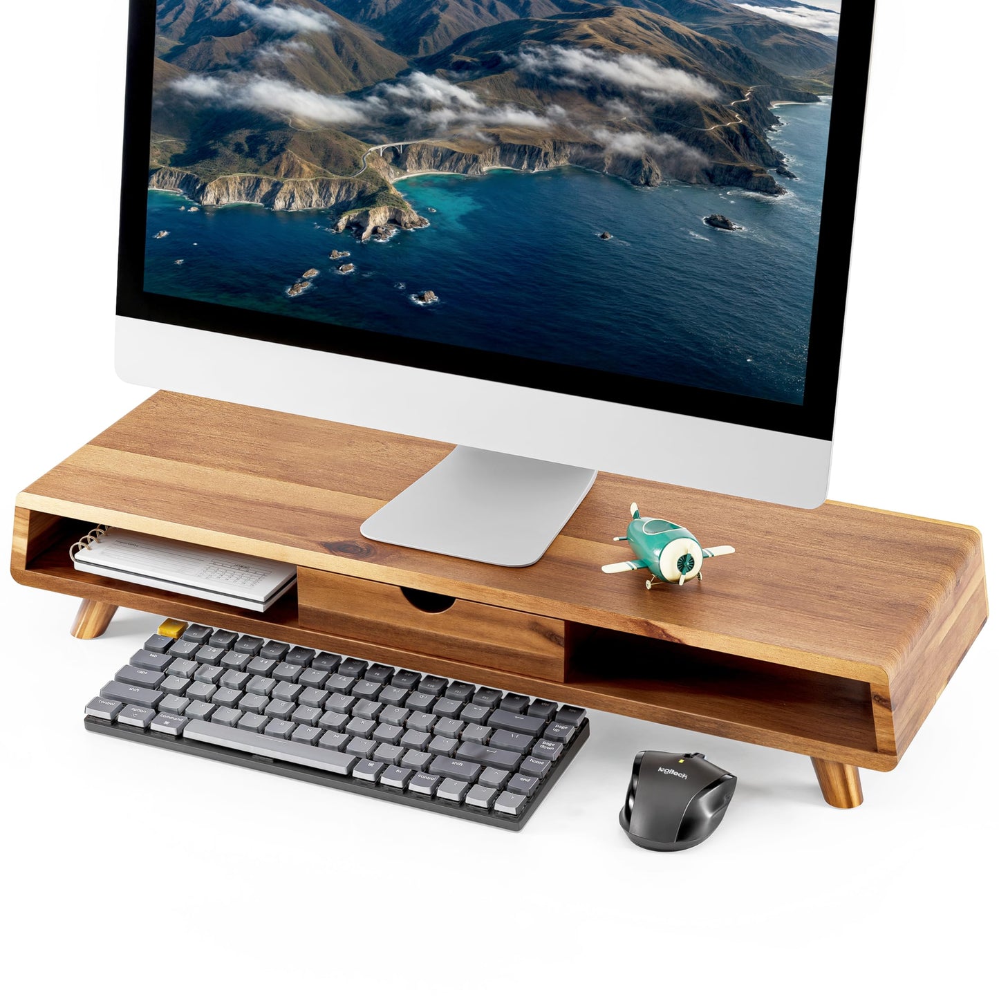 TINAMO Acacia Wood Monitor Stand with Drawer - Wooden Monitor Riser for Desk - Computer Monitor Stand for Desk - Multi-Purpose Desktop Storage Stand