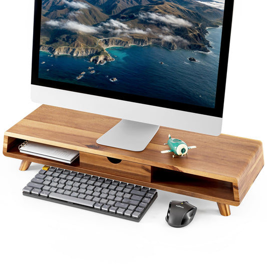 TINAMO Acacia Wood Monitor Stand with Drawer - Wooden Monitor Riser for Desk - Computer Monitor Stand for Desk - Multi-Purpose Desktop Storage Stand