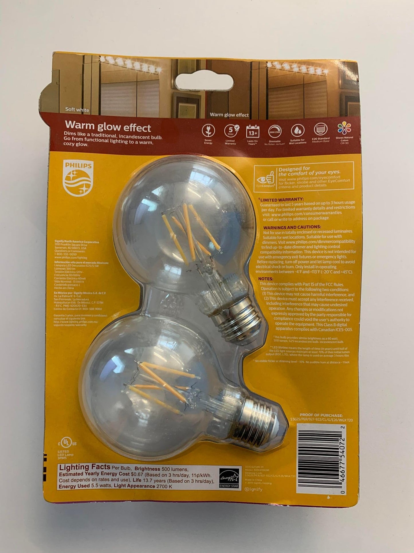 PHILIPS LED Clear Dimmable, Warm Glow Effect G25 Light Bulb - Pack of 2 - EyeComfort Flicker Free - 5.5W = 60W - 500 Lumen - Soft White (2700K) - E26