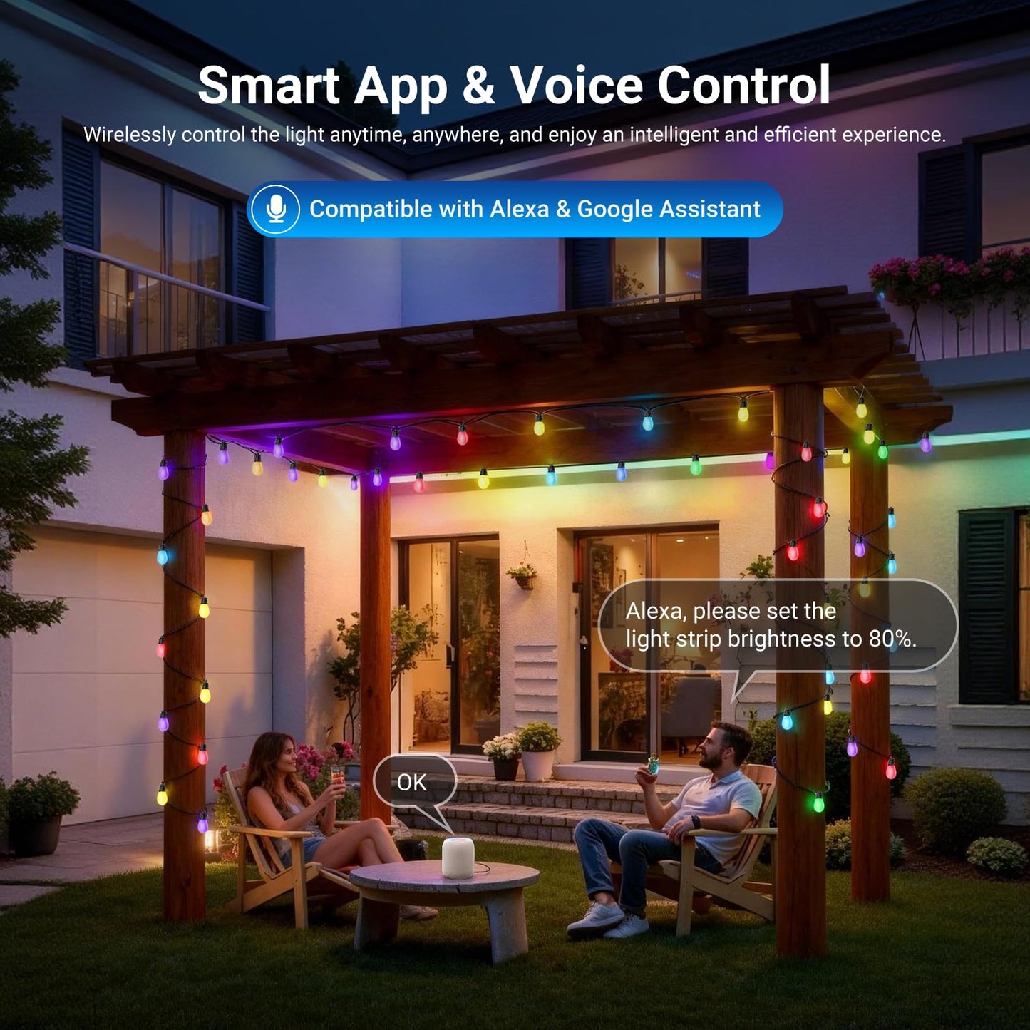NEEWER 96ft Outdoor String Lights, App Control Smart AI RGBW Hanging Outside Warm White Patio Balcony Backyard Lighting, IP65 Waterproof, 30 LED