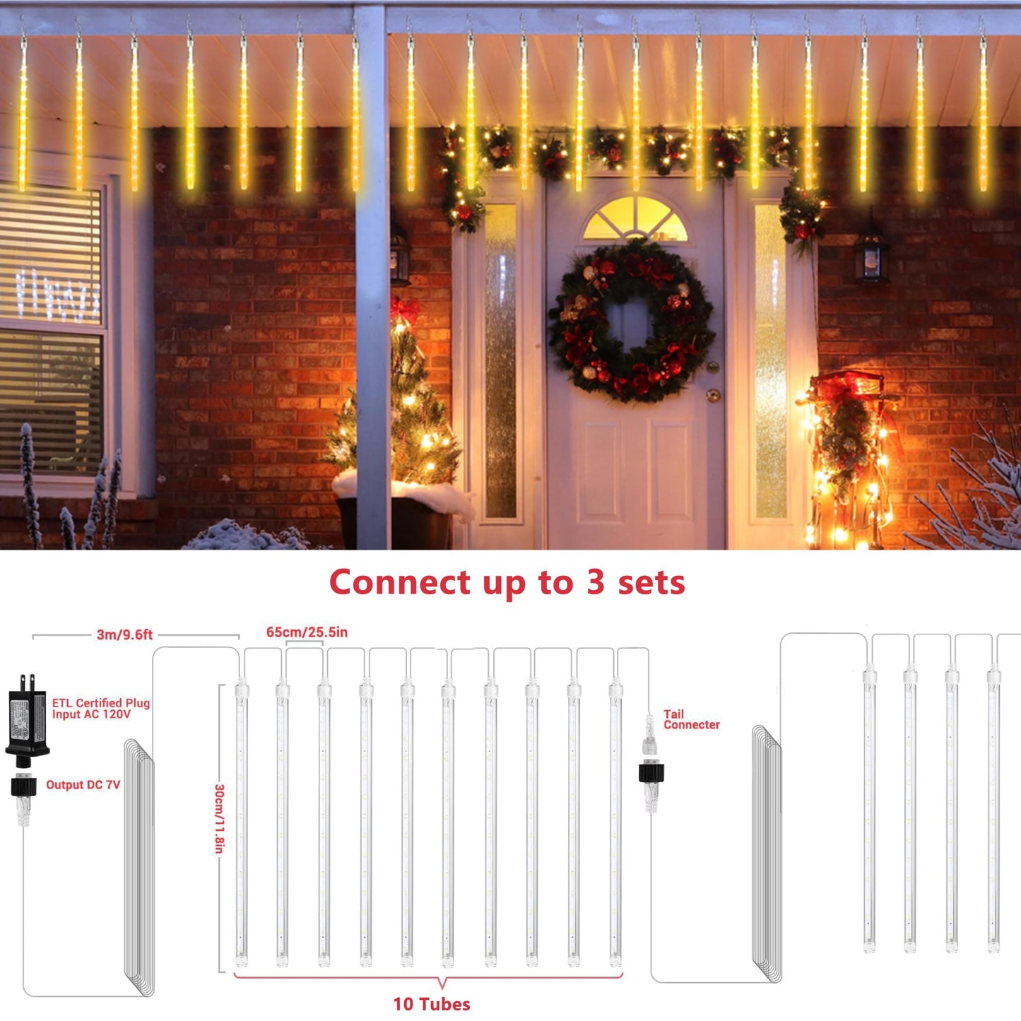 Joomer Christmas Lights Outdoor, 11.8 inch 10 Tubes 240 LED Meteor Shower Lights, LED Snow Falling Icicle Cascading Light with Timer Waterproof