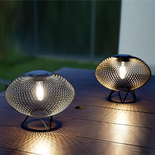 Solar Yard Set of 2 Outdoor Table Lamps with Metal Wire Shades & LED Lights, 8" Solar-Powered Modern Table Lights for Yard, Porch, Garden, or Pathway