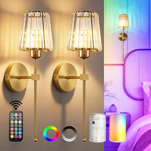 FNHMSL Battery Operated Crystal Wall Sconces Set of 2, Gold Wireless Wall Sconces with LED Light Bulbs 12 Colors Dimmable Remote Crystal Wall Lamp