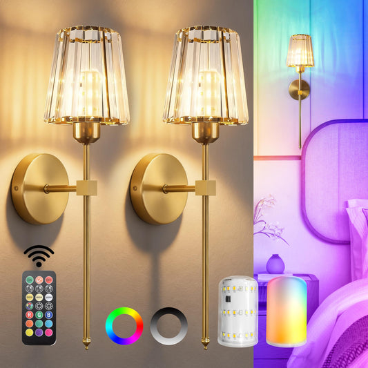 FNHMSL Battery Operated Crystal Wall Sconces Set of 2, Gold Wireless Wall Sconces with LED Light Bulbs 12 Colors Dimmable Remote Crystal Wall Lamp