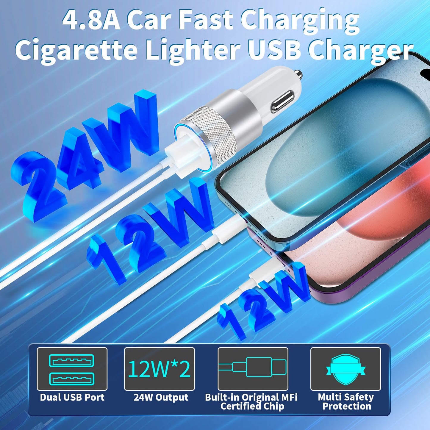[Apple MFi Certified] iPhone 16 Car Charger Fast Charging, Braveridge 4.8A USB-C Car Charger Cigarette Lighter Adapter with 2Pack Type-C Cable