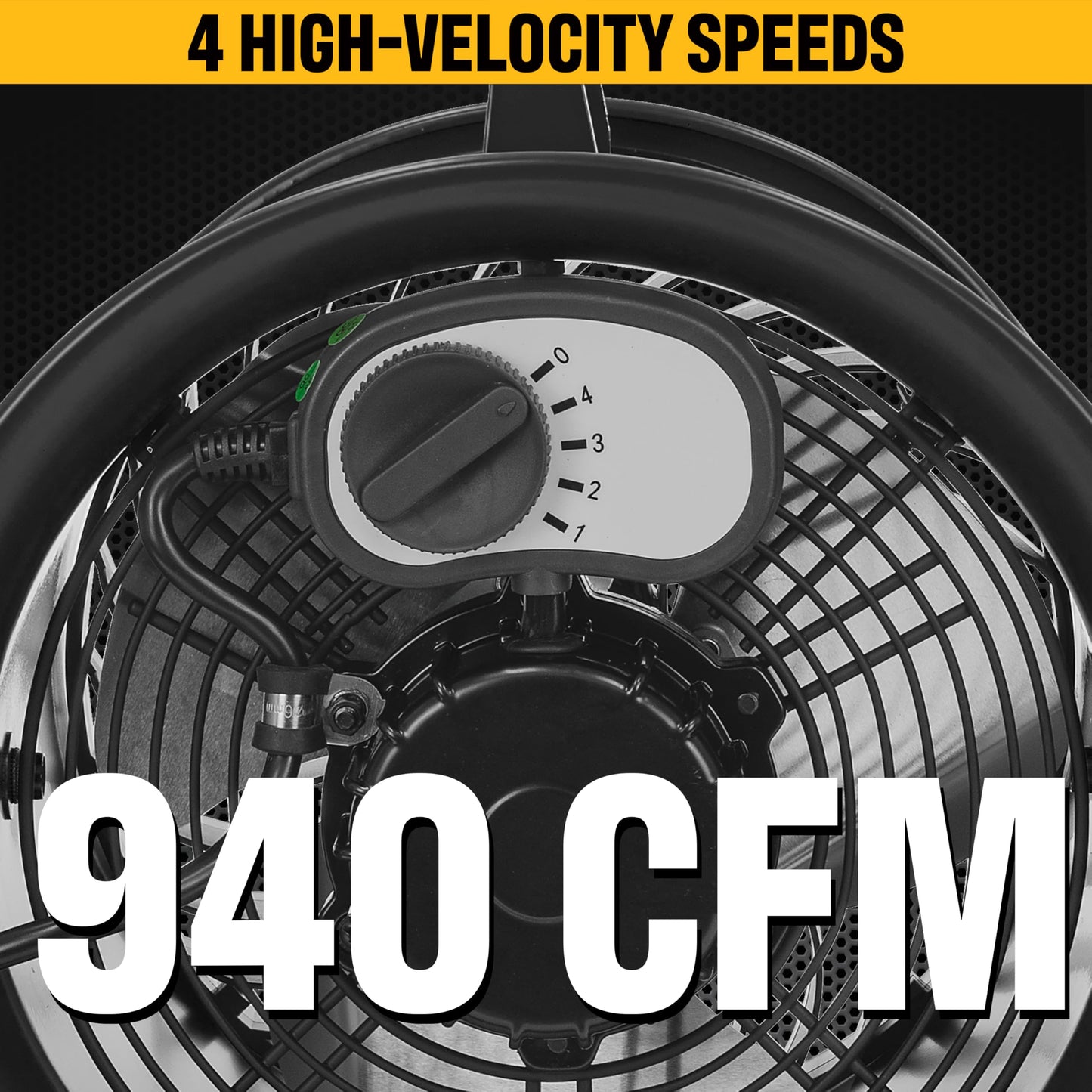 CAT fans - 9”-Blade High-Velocity Drum Fan (Black, 2-in-1): 940 CFM, 4-Speed, 360° Pivoting Head, Dual Ball Bearing Motor with Die-Cast Cover