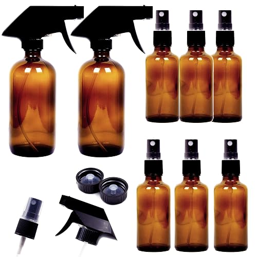 Youngever 8 Pack Empty Amber Glass Spray Bottles Set, 2 Pack 8 Ounce and 6 Pack 4 Ounce Refillable Containers for Essential Oils, Cleaning Products