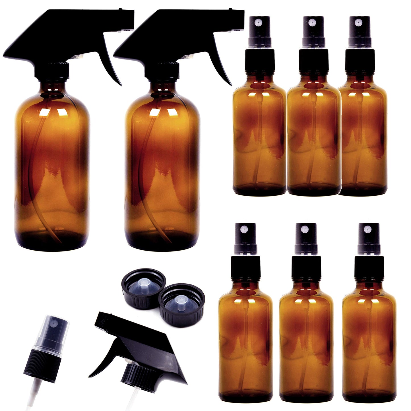 Youngever 8 Pack Empty Amber Glass Spray Bottles Set, 2 Pack 8 Ounce and 6 Pack 4 Ounce Refillable Containers for Essential Oils, Cleaning Products