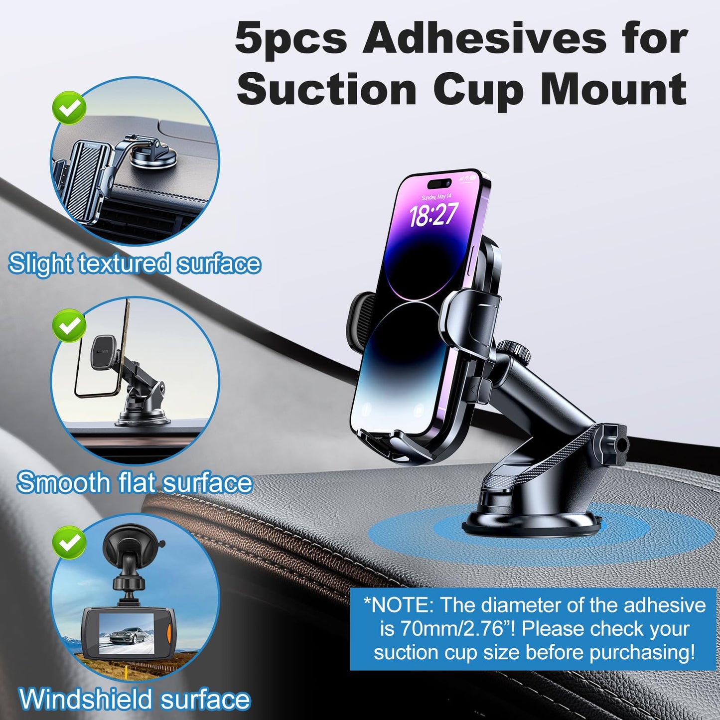 5pcs Sticky Adhesive Pads for Car Phone Mount, 70mm/ 2.76" Double-Sided Heavy Duty Sticker Gel Mounting Tapes Replacement Kit for Suction Cup