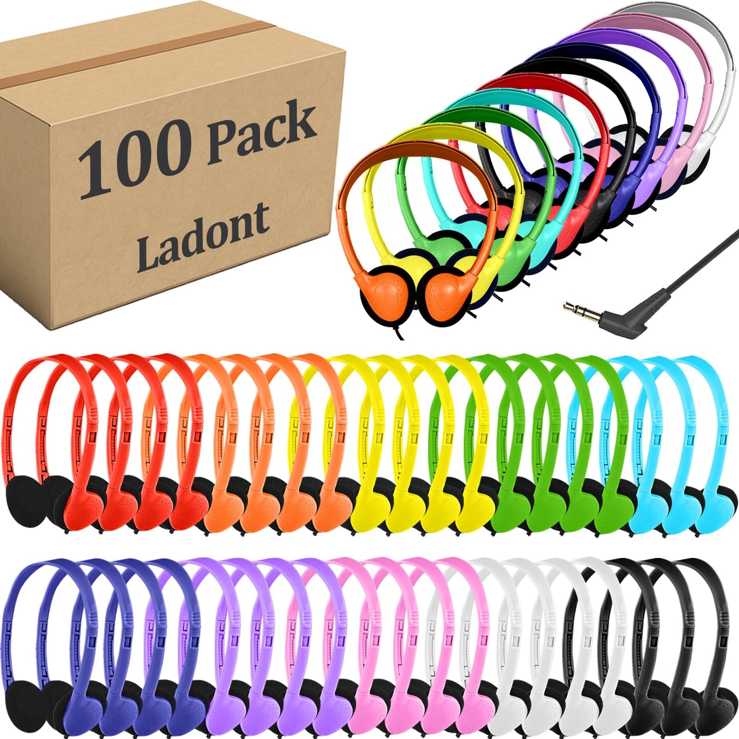 Ladont 100 Pack Classroom Headphones Bulk for Students Kids Schools, Wholesale Wired Multi Color 3.5mm On Ear Class Set Headphones for Library…