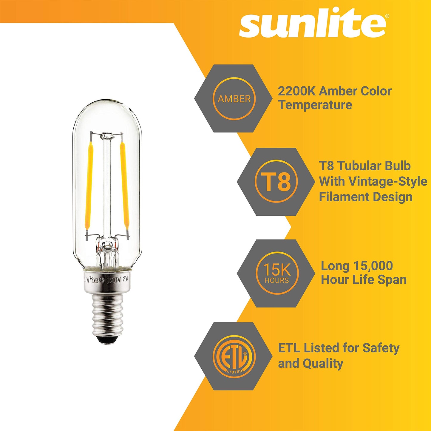 Sunlite 40237 LED Filament T8 Tubular Light Bulb, 2 Watts (25W Equivalent), Candelabra E12 Base, Dimmable, 85 mm, UL Listed, 120 Lumens, 2200K Amber