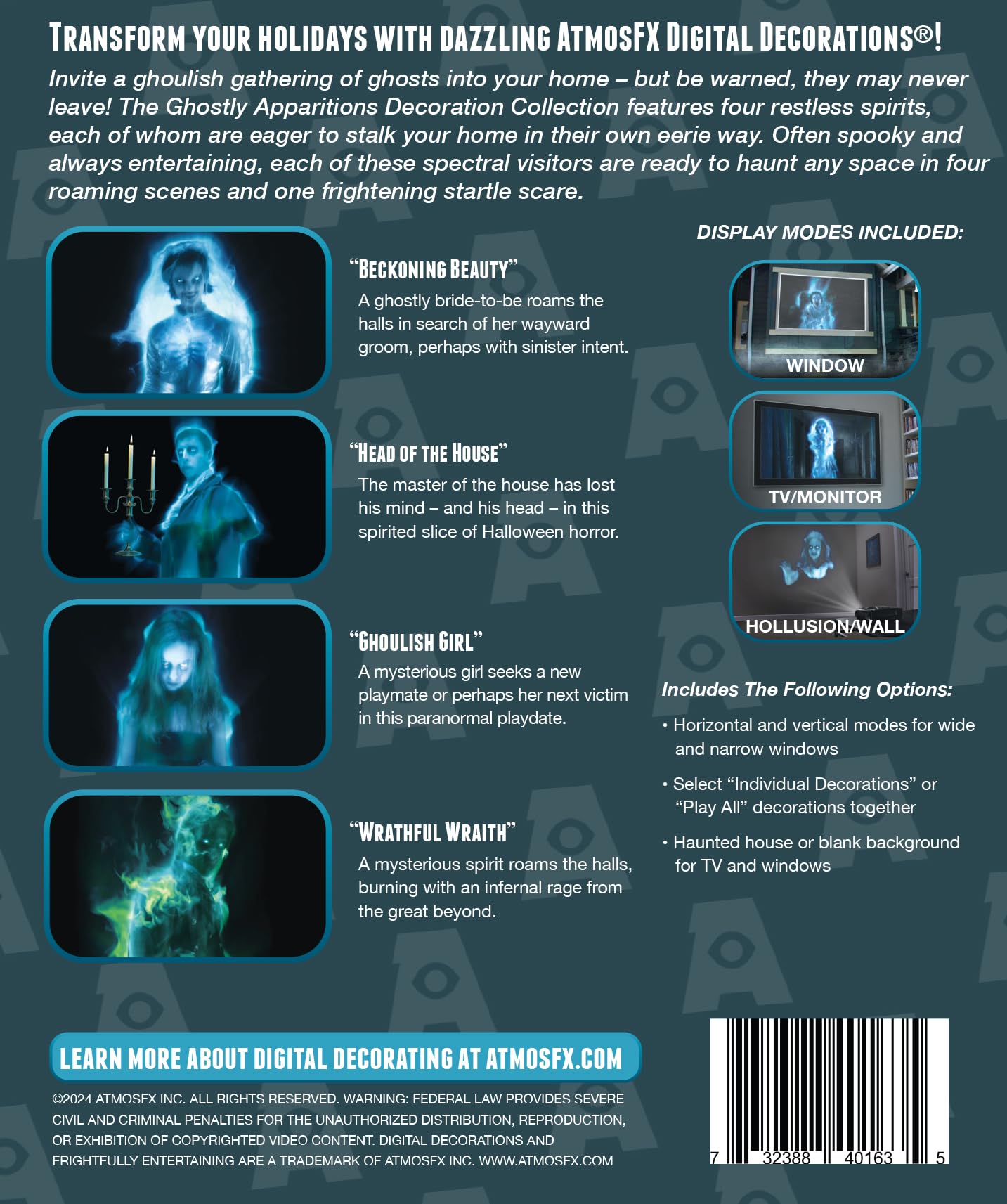 HoliScapes® USB Projector Kit - AtmosFx Ghostly Apparitions on USB + Projector + 48" x 72" Large White Holographic Screen for Halloween Projection