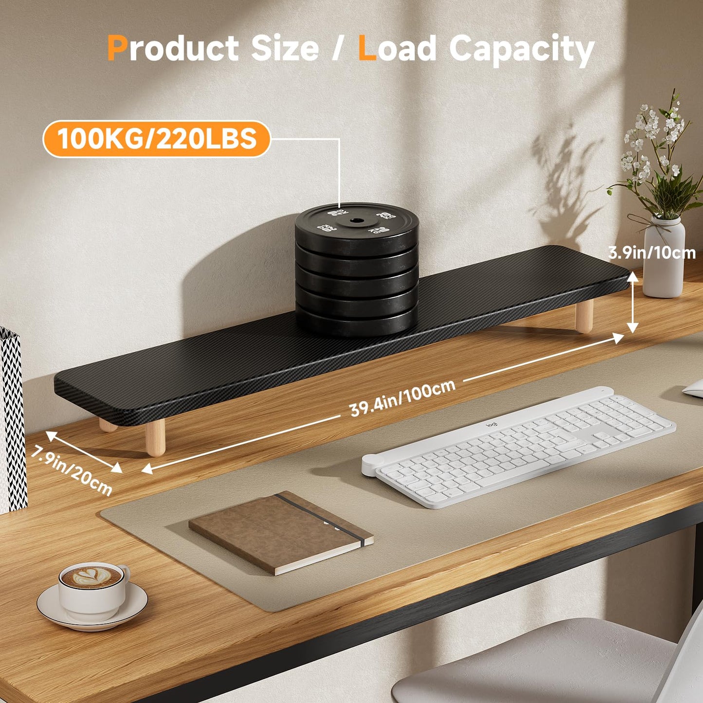Dual Monitor Stand Riser, 39 Inch Extra Long Wooden Desktop Monitor Riser with Storage for 2 Monitors Ultra Strong Desk Shelf Organizer Riser