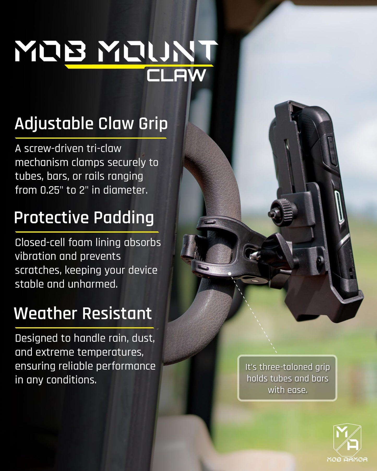 Mob Armor Mob Mount Claw with 360° Rotation - Universal Phone Mounting Clamp for Motorcycle, Jeep, Dirt Bike, Car, ATV, Boat, Truck, Emergency Vehicle
