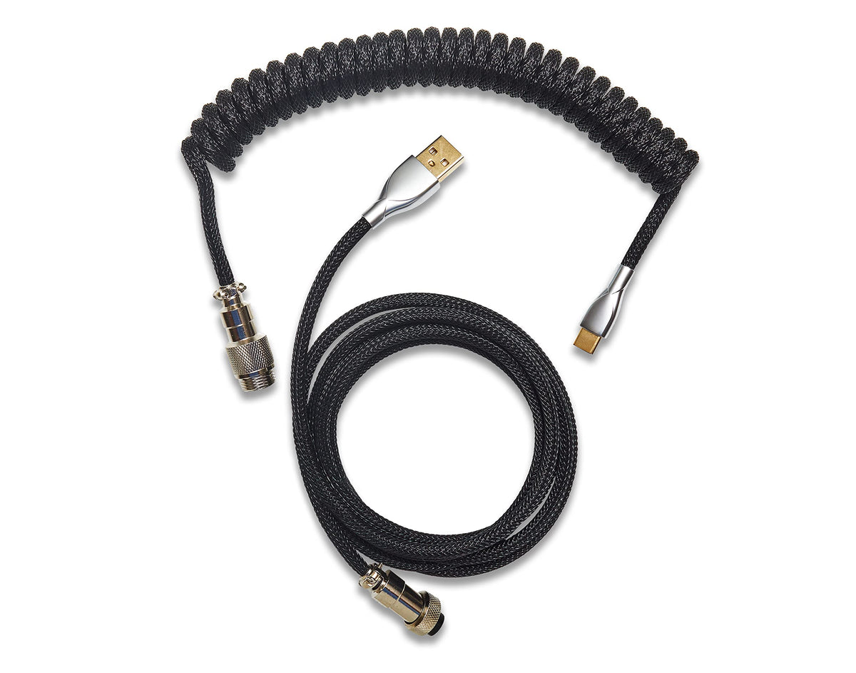 Glacier Premium Durable Quality Braided USB-C to USB-A Coiled Cable with Detachable Metal Aviator Connector Plug for Mechanical Keyboard (Black)