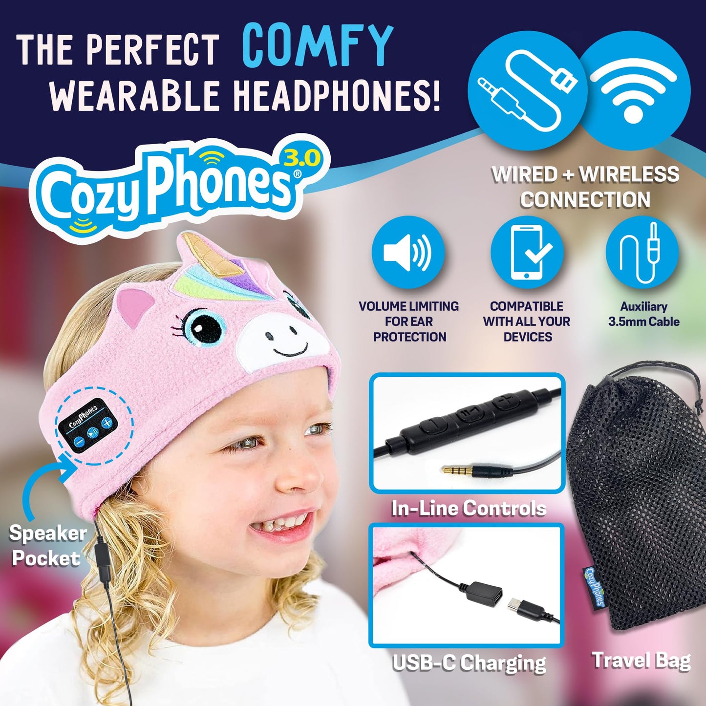 Toddler Headphones Wireless, Kids Bluetooth Earphones, Safe Volume - Wired School Headphones for Kids with 3.5 MM Jack and Travel Bag - Toddler