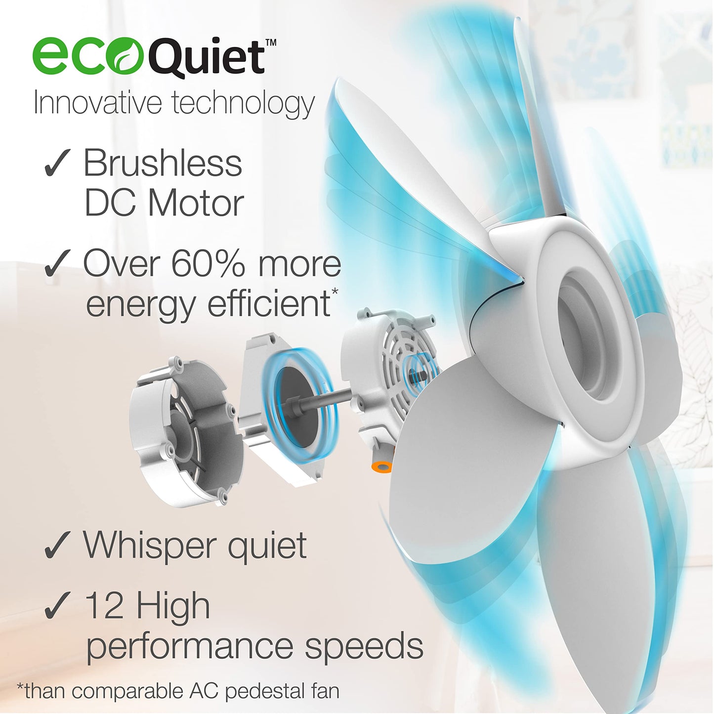 Lasko EcoQuiet Oscillating Pedestal Fan with Whisper Quiet DC Motor, 12 Speeds, 8 Hour Timer, Adjustable Height, Remote Control, White, S18705