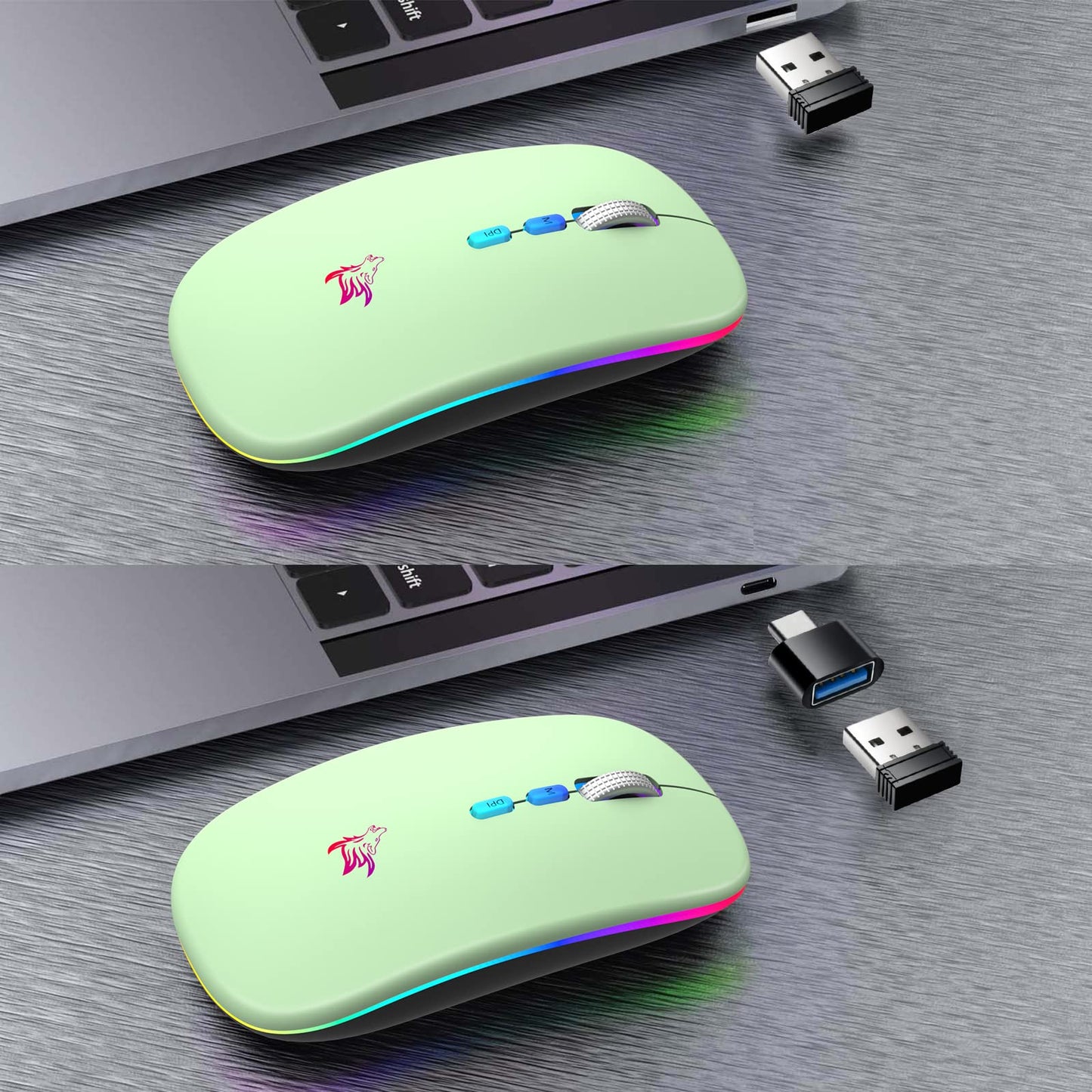 HOTLIFE LED Wireless Mouse, Slim Rechargeable Silent Portable USB Optical 2.4G Wireless Bluetooth Two Mode Computer Mice with USB Receiver and Type C