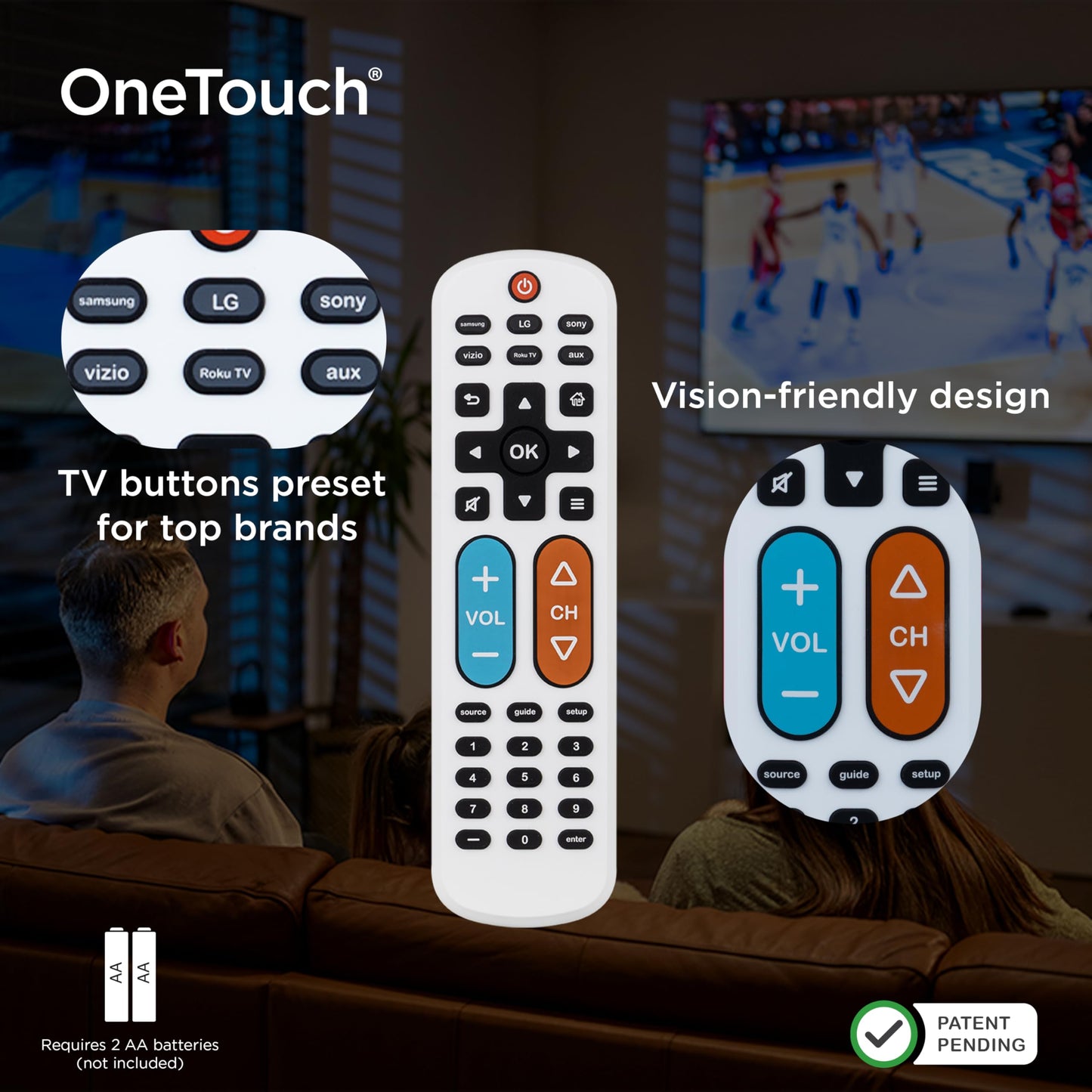 GE BigEZ OneTouch Big Button Universal TV Remote for Seniors, Easy to Use, Replacement Remote for Samsung, LG, Sony, Vizio, Roku TV, Streaming