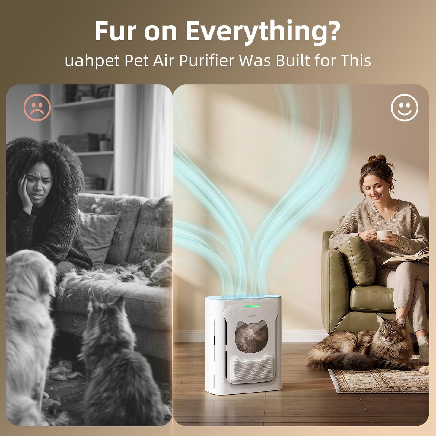 uahpet Pet Air Purifier, H13 HEPA Filter for Pet Hair, Dander & Odors, 2100 Sq Ft Coverage, Plug & Play No WiFi Required, Clog-Resistant Intake