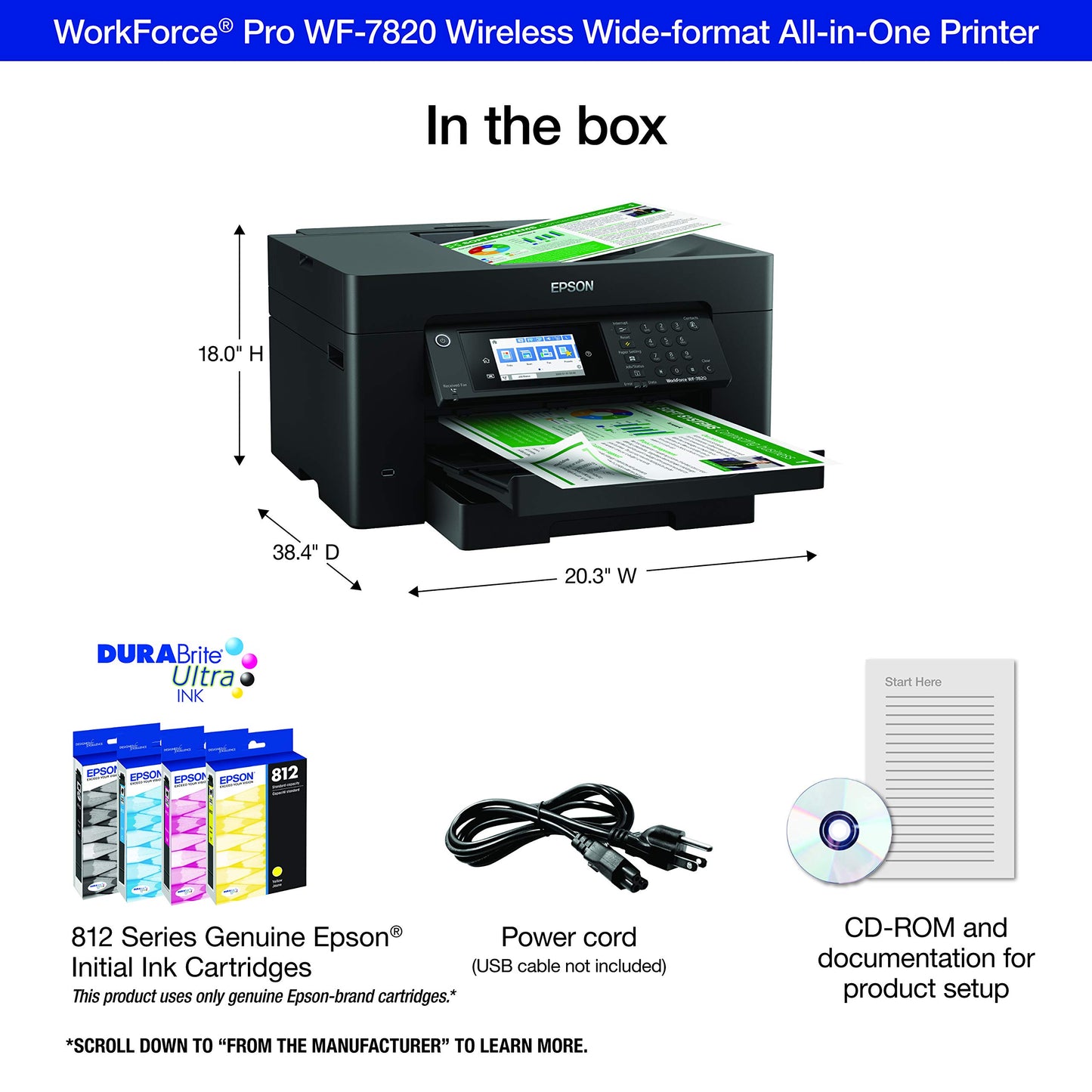 Epson Workforce Pro WF-7820 Wireless Duplex All-in-One Wide-Format Printer, Copier, Scanner, and Fax with 50 Page ADF, 250 Sheet Paper Capacity