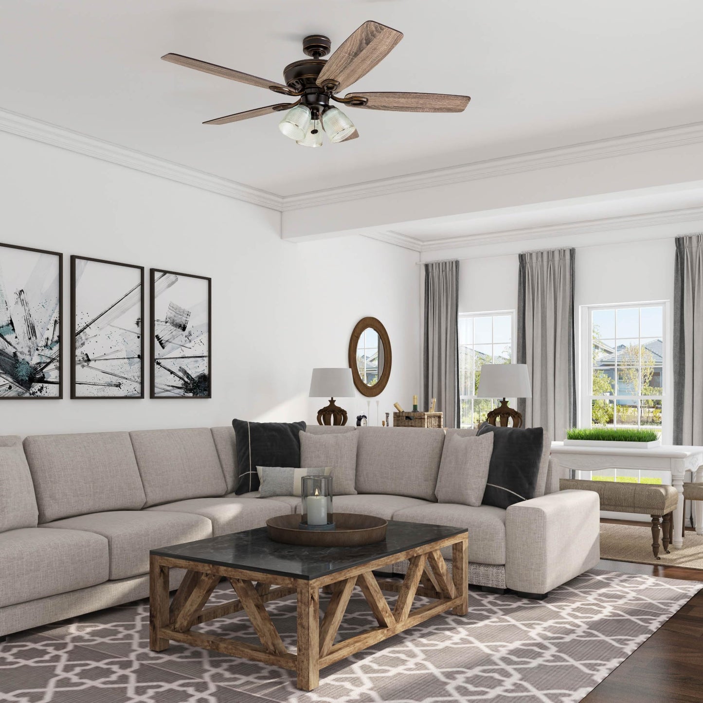 Prominence Home Marston, 52 Inch Traditional Indoor LED Ceiling Fan with Light, Pull Chain, Three Mounting Options, 5 Dual Finish Blades, Reversible