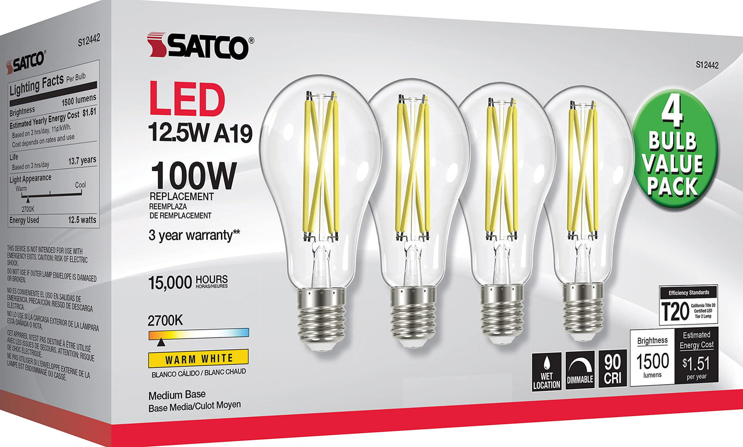 Satco S12442, A19 LED Bulbs, 100W Replacement, 2700K, 4-Pack, Light Bulb