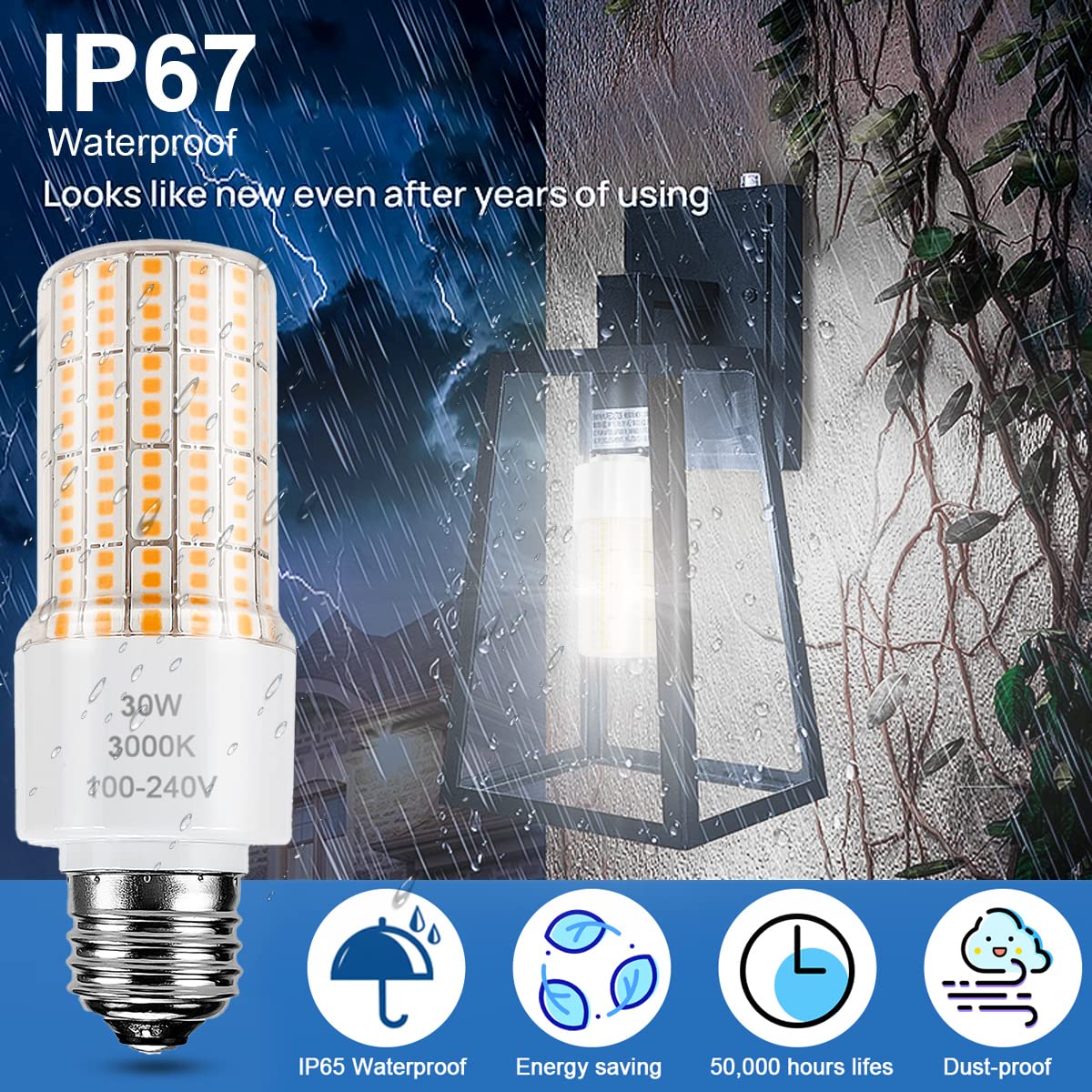 Led Light Bulb Equivalent 250w 2pcs Super Bright Led Bulbs, 3750 Lumen 3000k Warm Daylight White 30w Waterproof Led Corn Light Bulb E26/E27 Medium