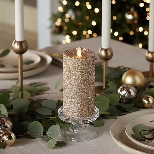 Luminara Realistic Artificial Flame Gold Glitter Pillar Candle - Moving Flame LED Battery Operated Lights - Unscented - Remote Ready - Remote Sold