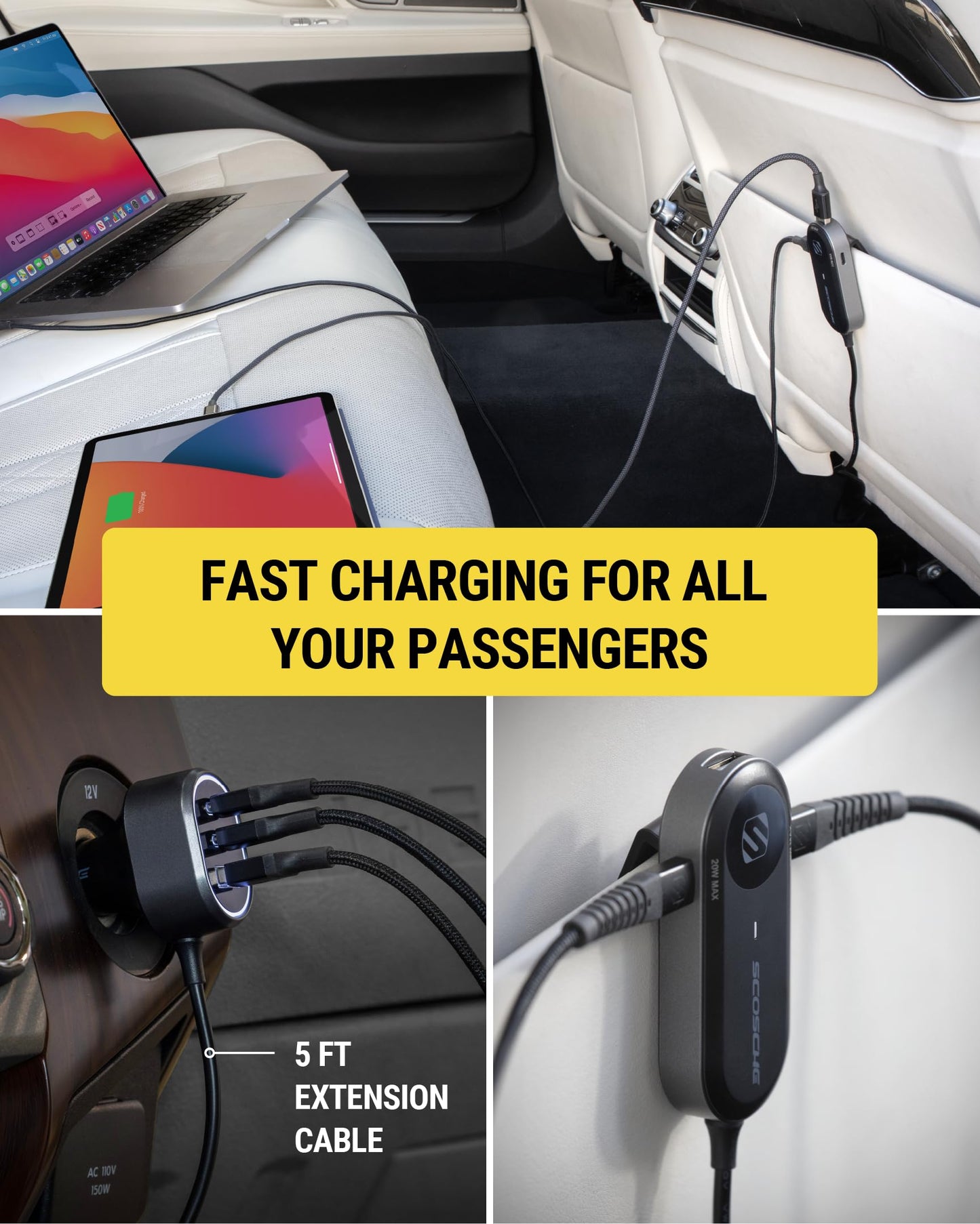 Scosche CPD100EX-VA1 Six Port 100W USB Car Charger Fast Charging Adapter PD 30W & 20W USB-C Ports & 18W USB-A Port, Travel Charger for Multiple