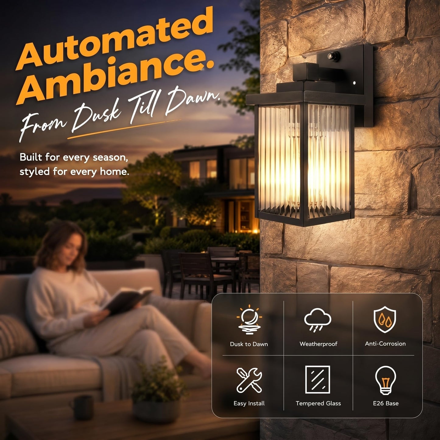 hameso Dusk to Dawn Porch Light, Outdoor Wall Light, All-Metal Frame