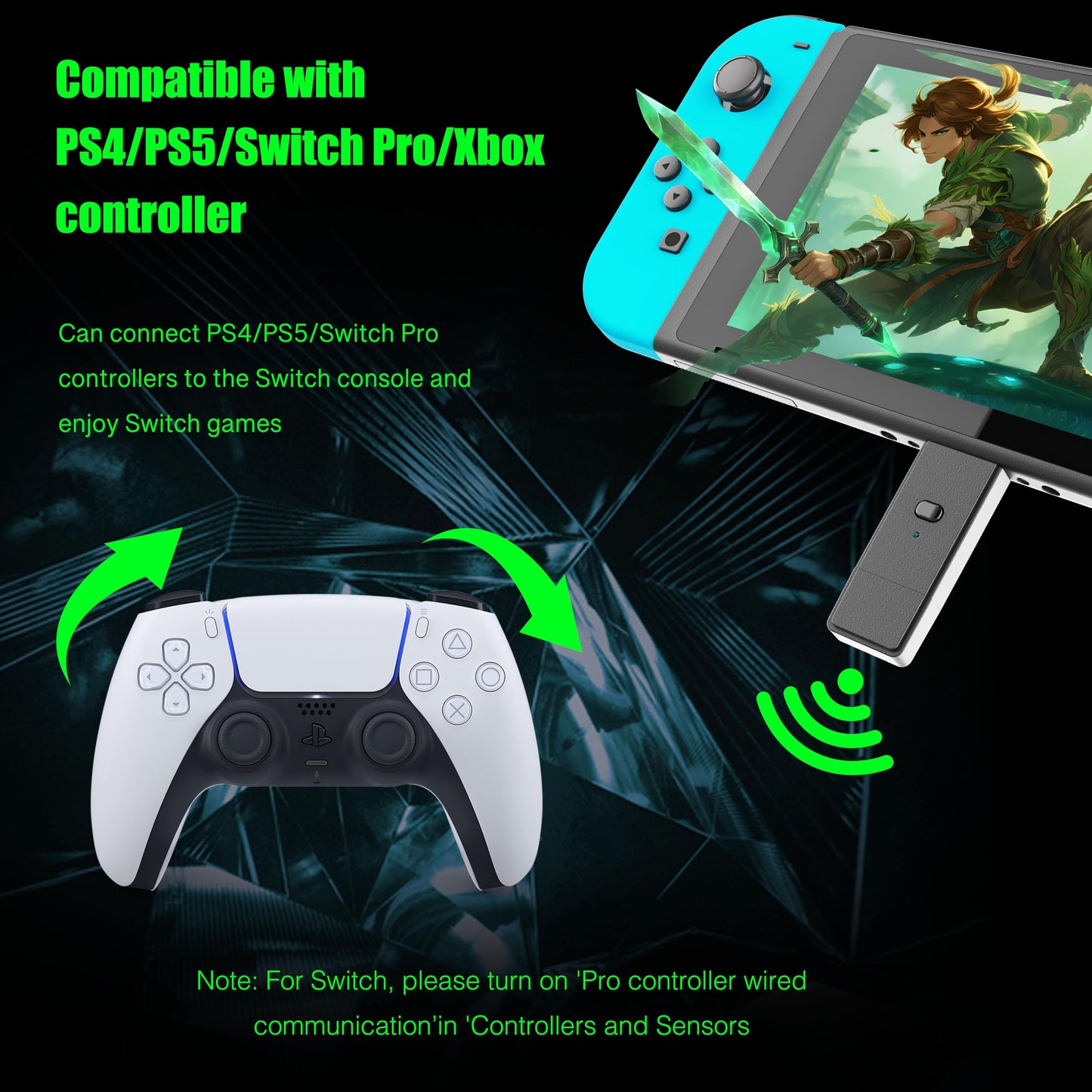 TJPD Pro Wireless Adapter for Xbox One X|S/Xbox Series X|S/Elite Series 2/PS5/PS4/Switch Controller - Play on PS4/Switch?Incompatible with Switch