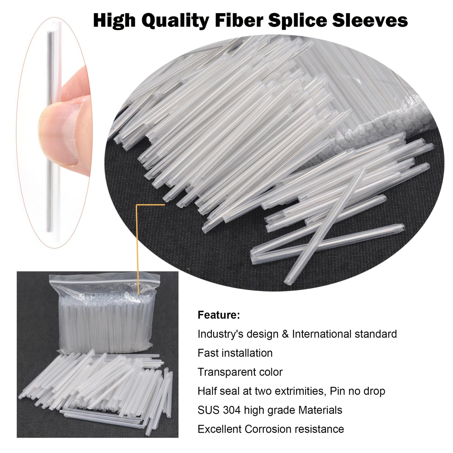 Premium Fiber Optic Fusion Splicing Sleeves Protector Adapter Heat Shrink Tube Clear 1000pcs Per Box 2.5mm Dia After Recovery,60mm (L)