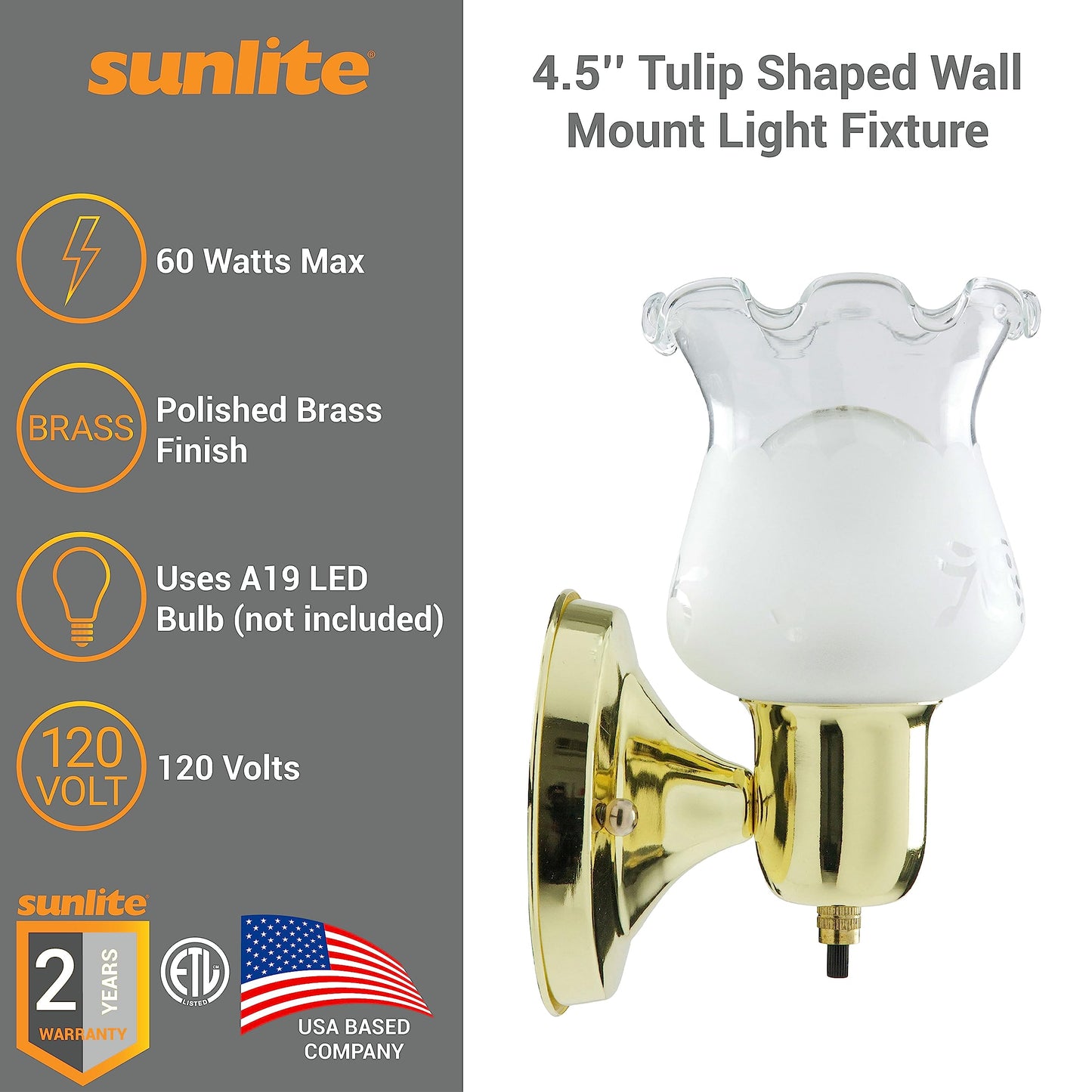 Sunlite 04530 4.5-Inch Tulip Shaped Wall Mount Light Fixture, Polished Brass Finish, 60W A19 Max Bulb, Medium E26 Base, 120 Volts, Built-in Switch