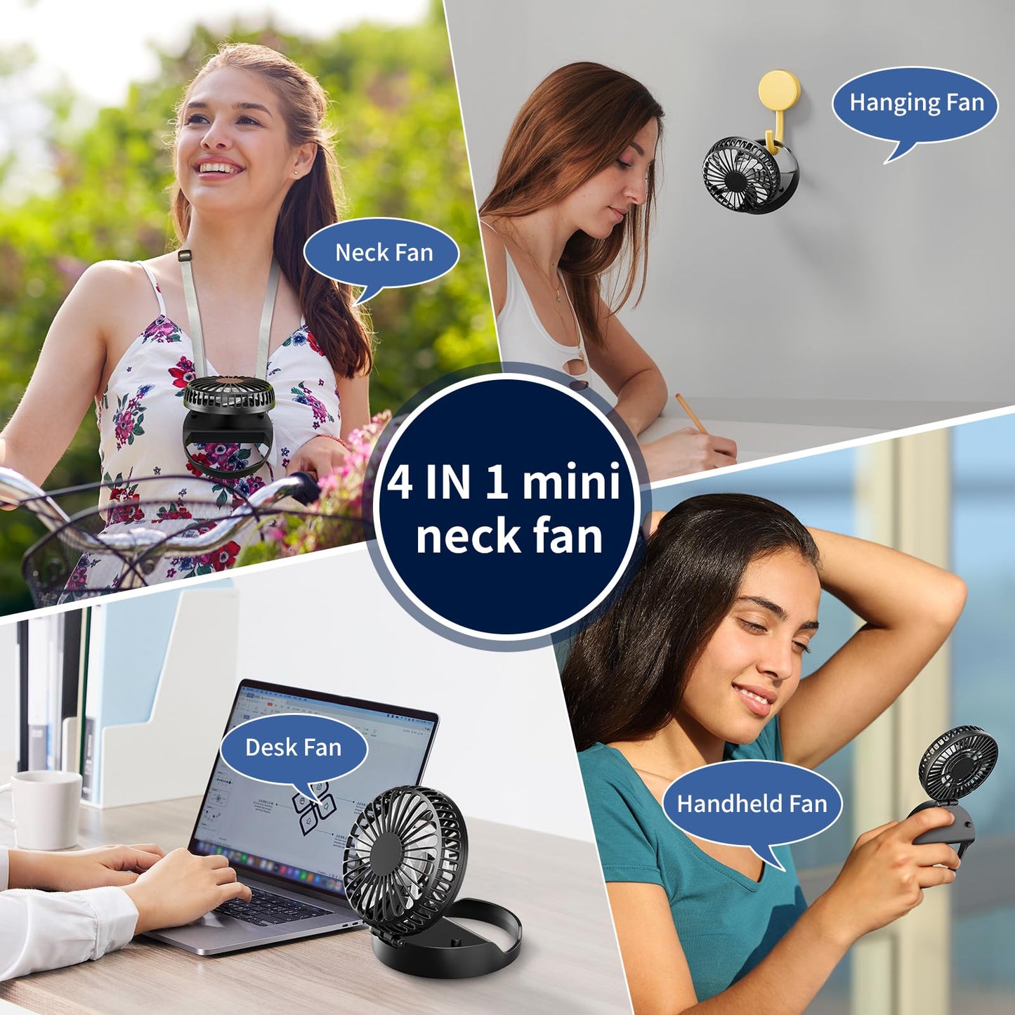 HandFan Portable Mini Fan, Personal Necklace Fan, 3 IN 1 Hand Fans, Small Pocket Fans with Unique Magnetic Switch, Battery Operated, for Travel