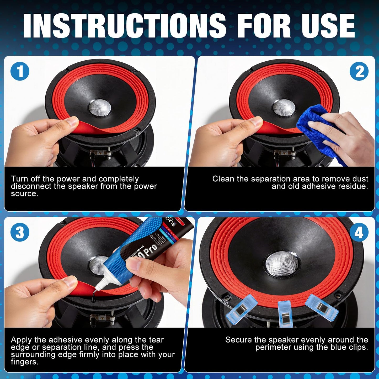 1.86 Oz Speaker Glue, Speaker Repair Glue, Strong Speaker Glues with Blue Clips, Waterproof and Shockproof, Used for Assembling and Repairing Speaker