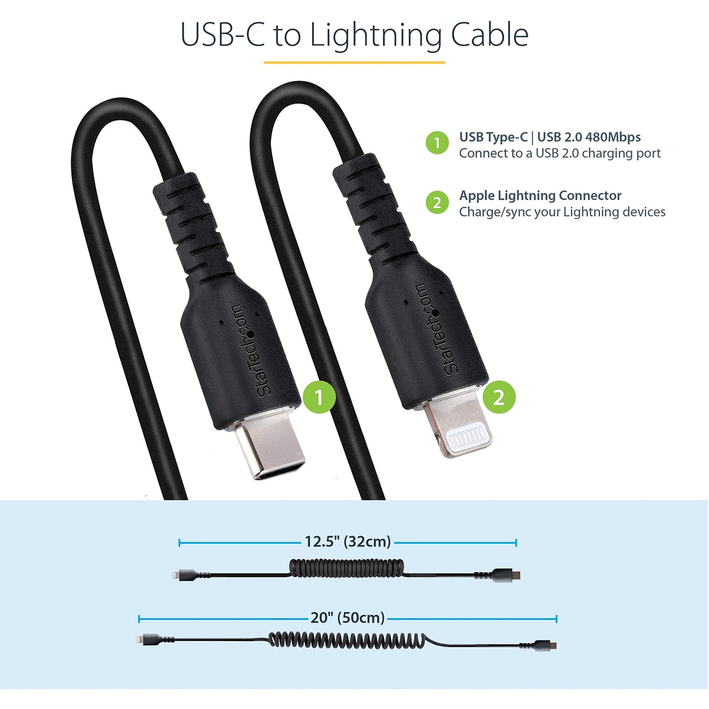 StarTech.com 20in / 50cm USB C to Lightning Cable, MFi Certified, Coiled iPhone Charger Cable, Black, Durable TPE Jacket Aramid Fiber, Heavy Duty…