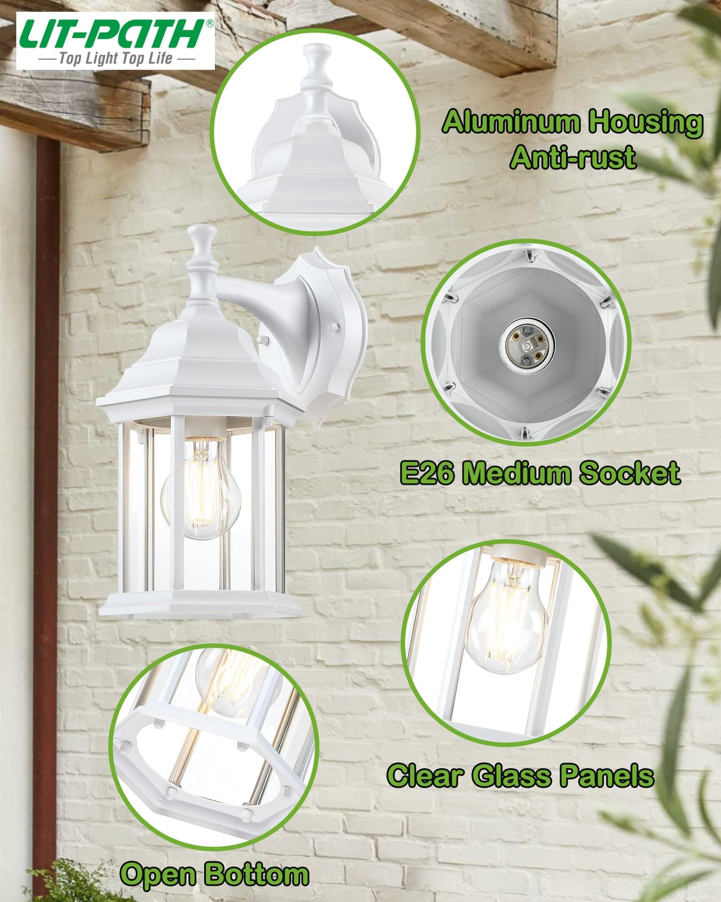 LIT-PaTH Outdoor Wall Lantern, Wall Sconce as Porch Lighting Fixture, E26 Medium Base Max 60W, Aluminum Housing Plus Glass, Matte White Finish, 1-Pack