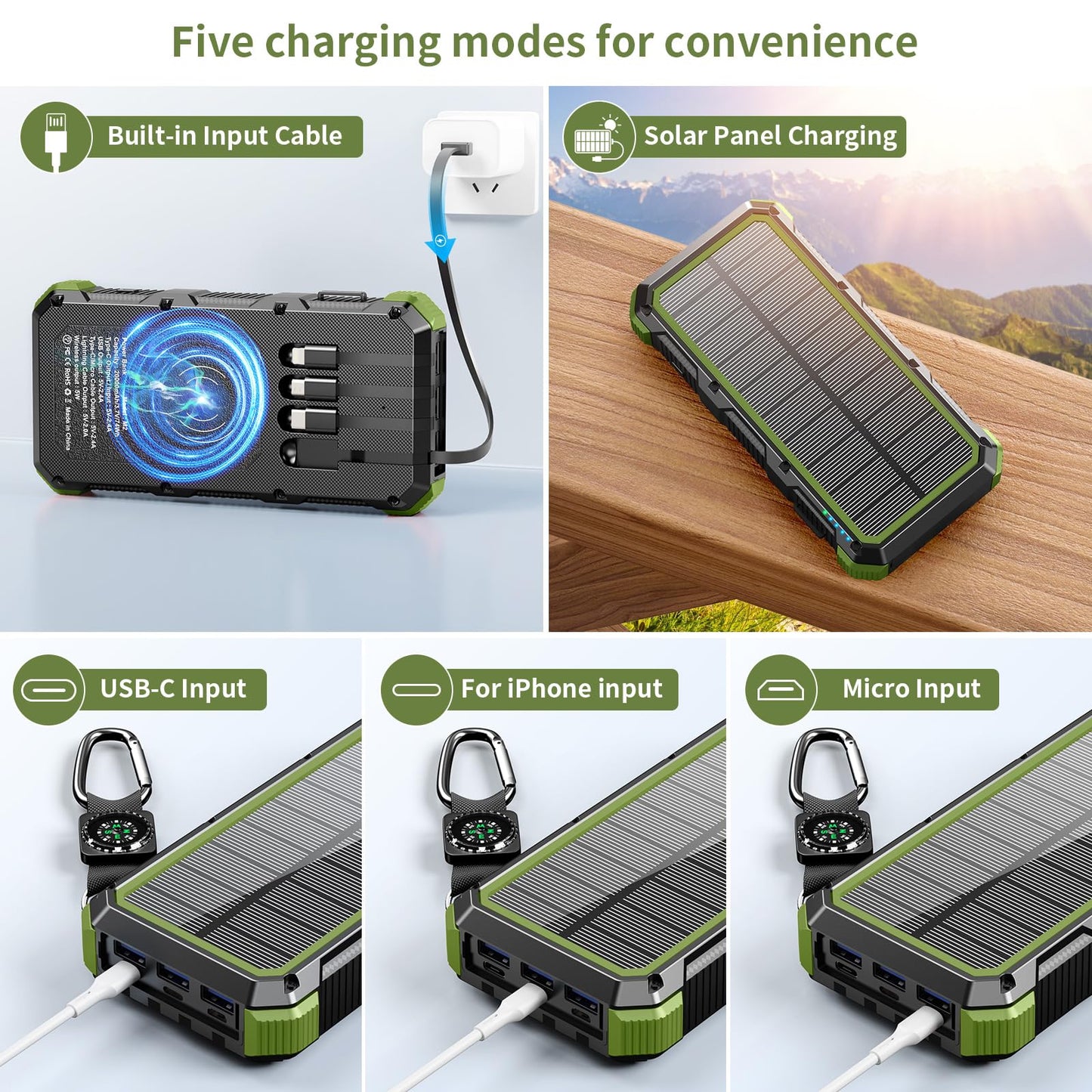 Solar Charger Power Bank 20000mAh Wireless Charger QC 3.0 Fast Charging Power Bank 8 Outputs 4 Inputs Solar Portable Charger Compatible with All