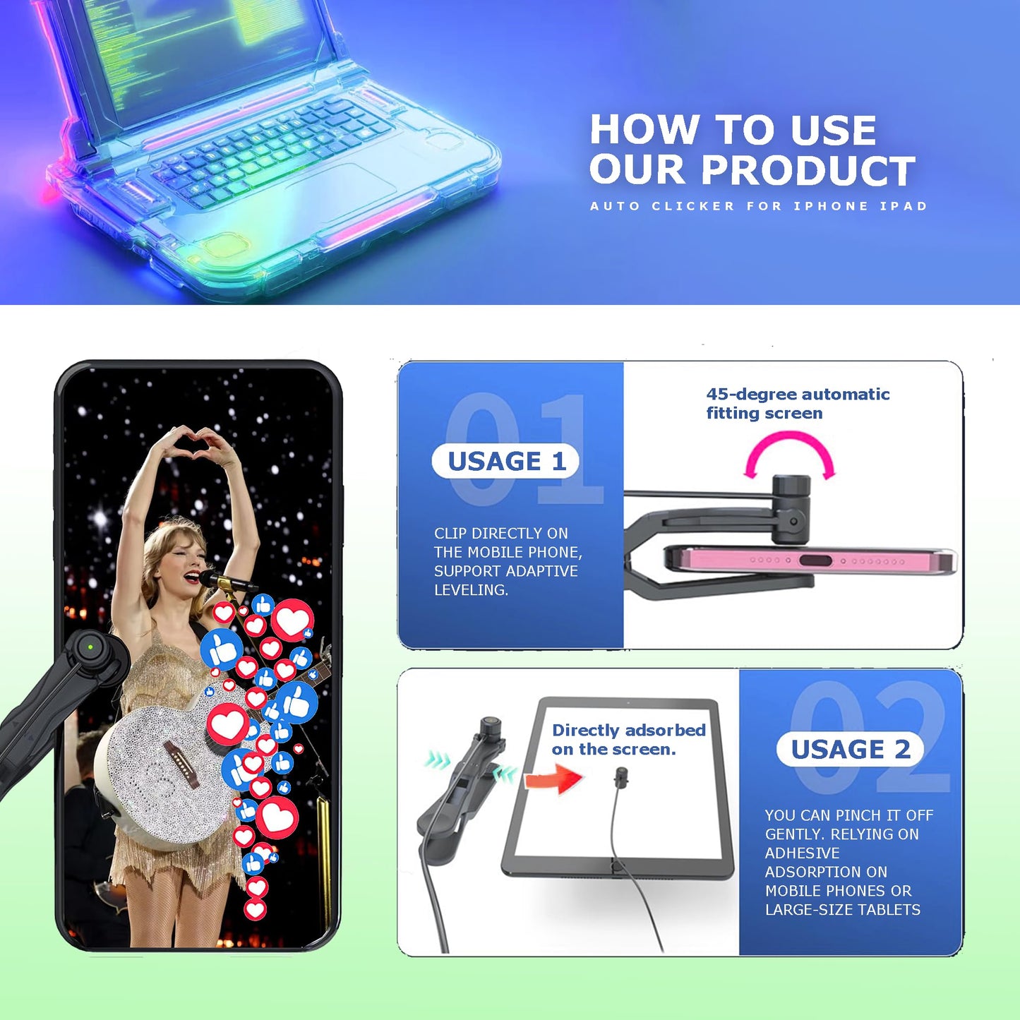 STRONGBERRY Auto Clicker with 2pcs Click Heads for iPhone iPad, Phone Screen Tapper for Android IOS, Simulated Finger Continuous Clicking, Adjustable