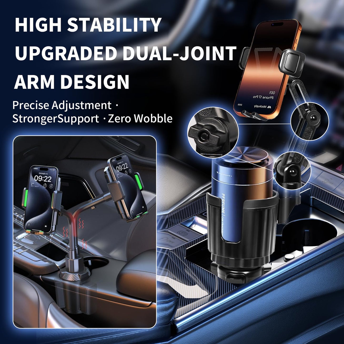 YUHENG Upgraded Cup Holder Phone Mount for Car - Permanent Screw-Fixed Base (No Wobble), Offset Space-Saving Design,Universal Adjustable Cell Phone