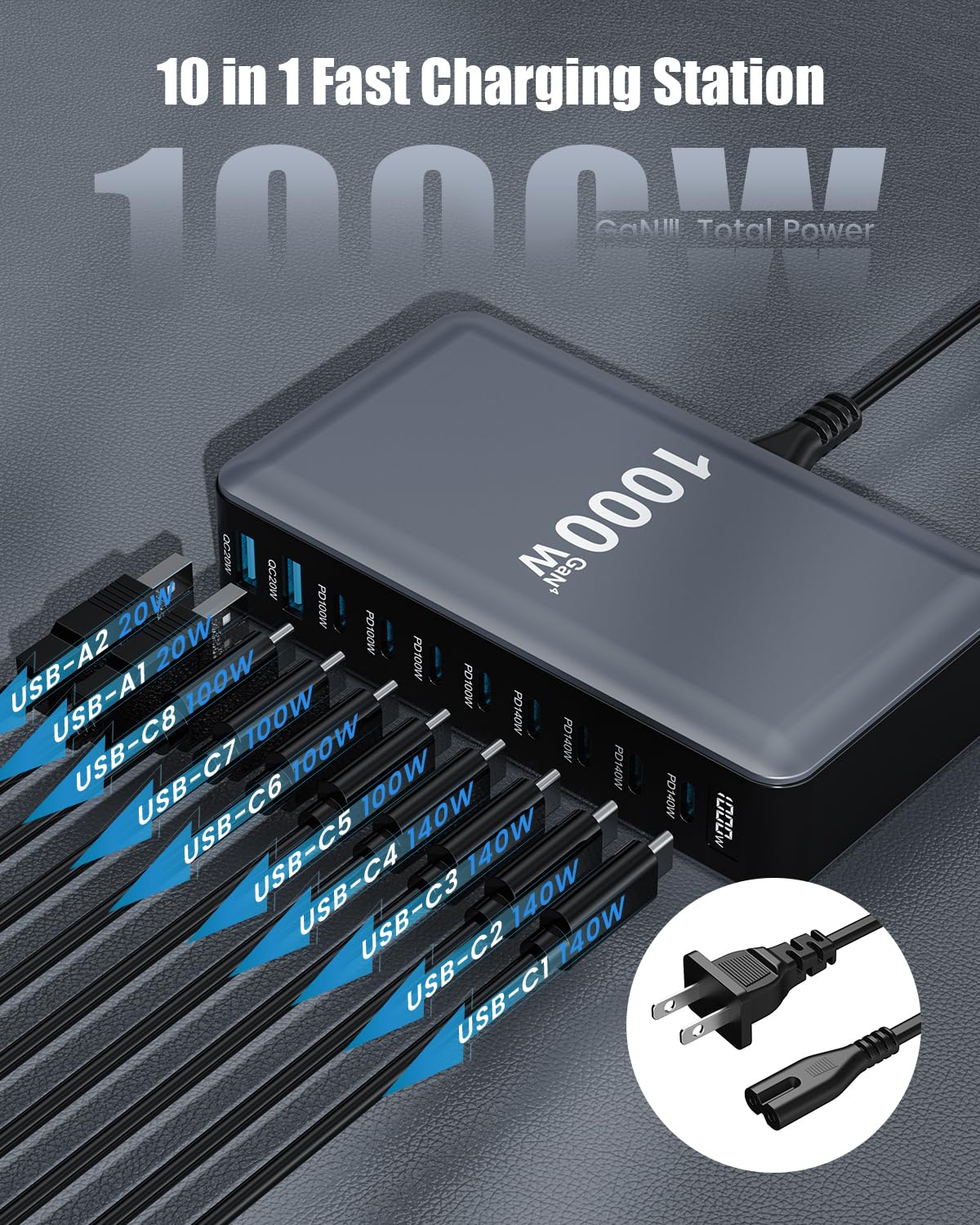 440W USB C Charger Block Charging Station Hub,8 Port GaN III Fast Charging Brick with 5ft Extension Cord,PD QC PPS 100W Laptop Power Adapter