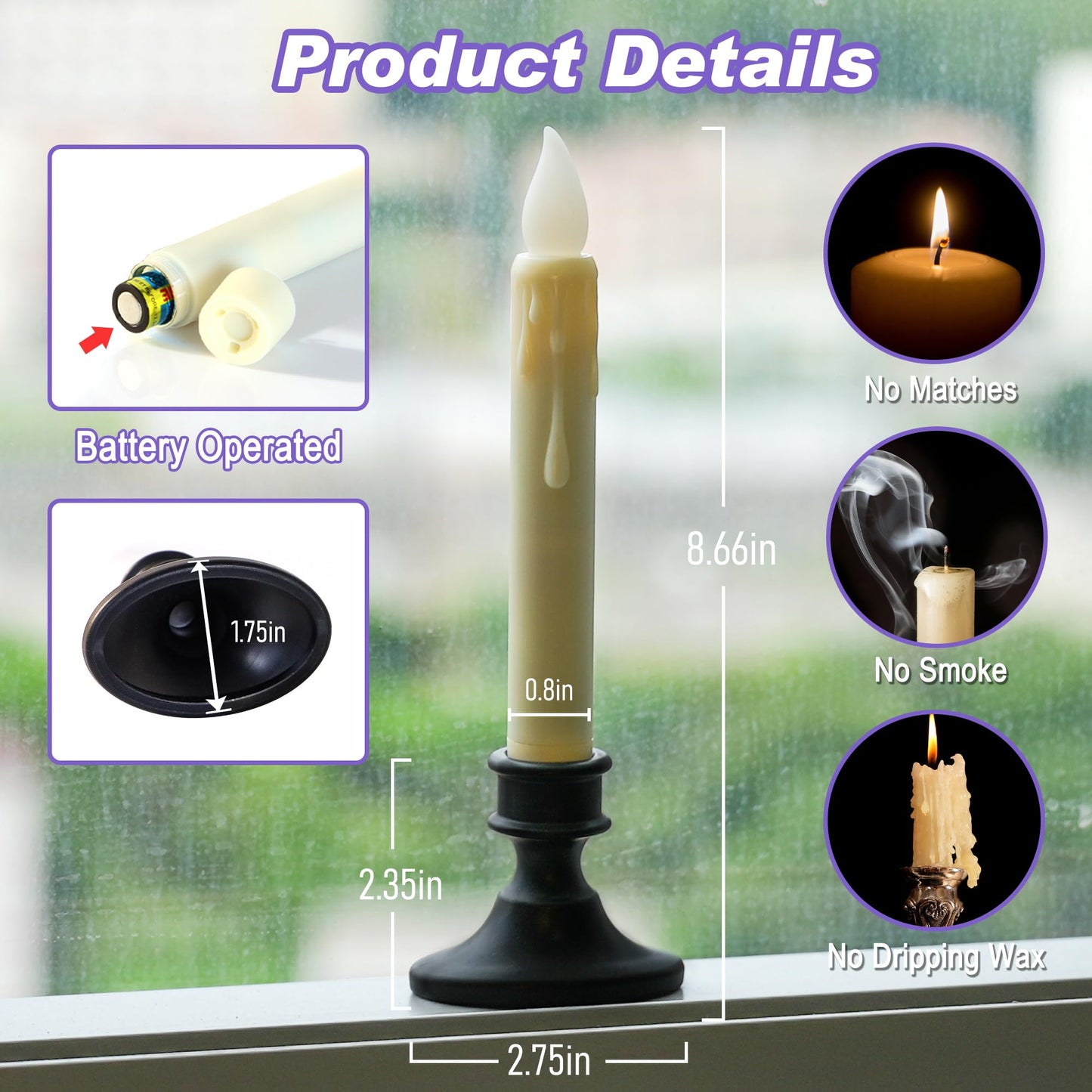FREEPOWER Battery Operated LED Window Candles with Dusk to Dawn Sensor, Ivory Flameless Flickering Candlesticks with Suction Cups & Removable Black